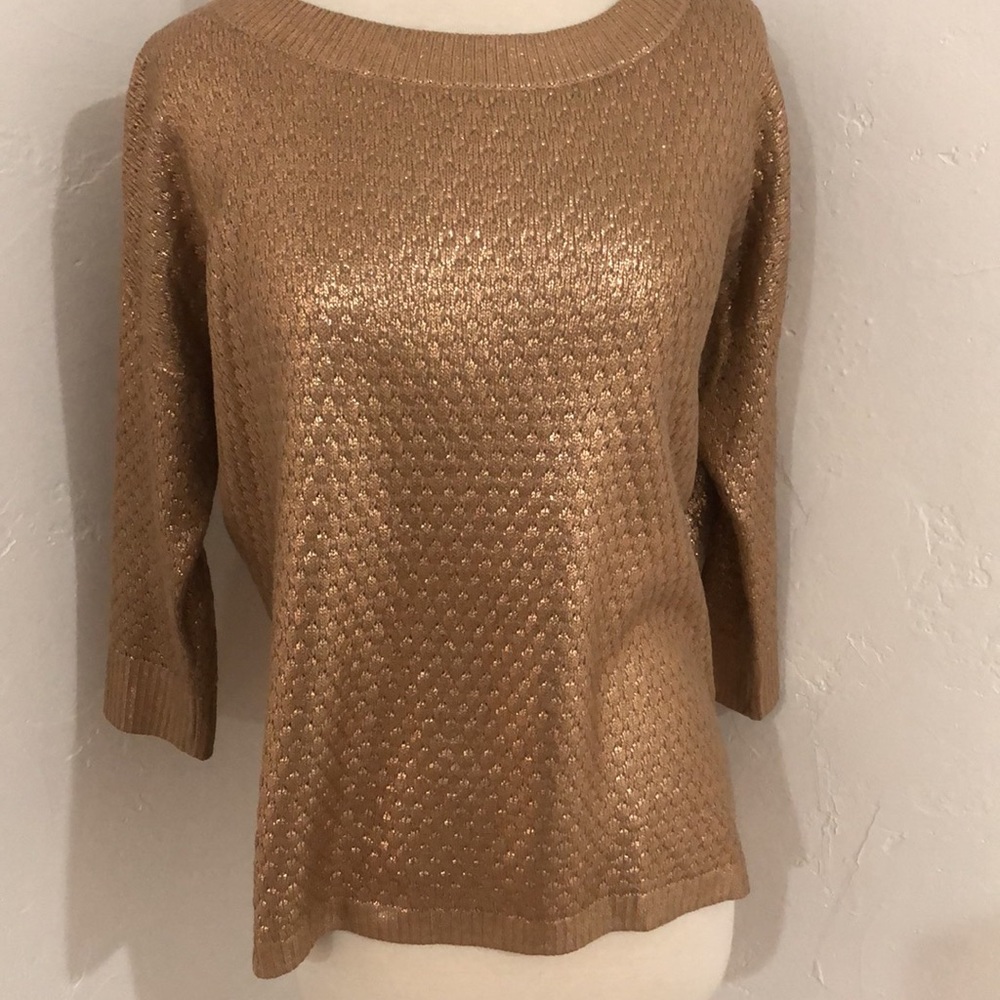 EUC Club Monaco Bronze Rose Gold Metallic Sweater Hi Low Hem Size Small